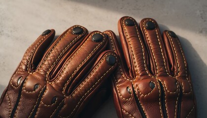 Motorcycle gloves close-up showcasing leather texture and precise stitching detail on a neutral background, realistic materials, premium riding gear with clean and professional look.