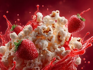 Fresh Sweet Strawberry and Popcorn Splash with Red Fruit Sauce Swirl in Dynamic Motion Action for Gourmet Dessert Snack Food Advertisement Template