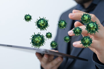 Concept image featuring a person interacting with a tablet interface displaying viruses, suggesting technology