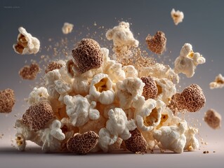 Gourmet Popcorn Mixed with Black Truffle Pieces Exploding in Midair with Dynamic Motion Freeze Action and Soft Cinematic Lighting for Snack Advertisement