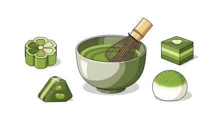 Japanese matcha tea ceremony illustration with sweets and accessories