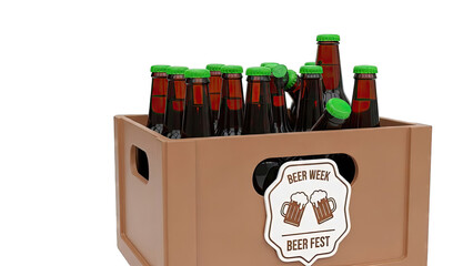 Brown beer crate filled with bottles, featuring Beer Week Beer Fest emblem