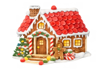 Gingerbread house creating a festive christmas scene, decorating with candy, icing, and a holiday tree, transparent background