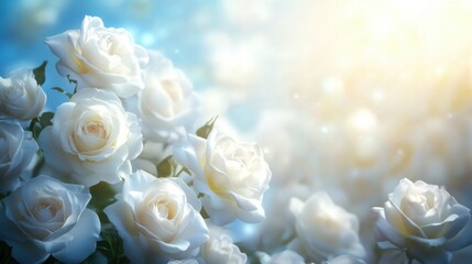 Dreamy White Roses in Sunlight with Blue Sky Background