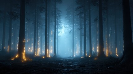 Enchanted forest at night surreal glowing lights nature scene dreamlike atmosphere mystical viewpoint cinematic experience