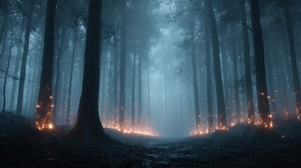 Surreal glowing lights illuminate enchanted forest nature cinematic mystical dreamlike scene
