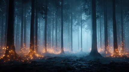 Surreal glowing lights illuminate enchanted forest nature photography dreamlike environment mystical viewpoint