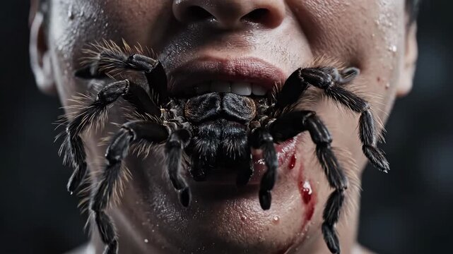 Slow motion close-up of a tarantula emerging from a person's mouth. Blood drips from the lips. Horror and phobia concept