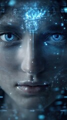 Futuristic scanning interface overlay on human face in a technology-driven environment close-up view digital art concept