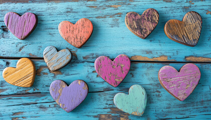 Obraz premium Wooden hearts displayed on colorful wooden background with ample copy space