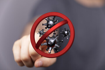 Hand pressing a stop sign over a 3D rendered virus. Concept for virus prevention, pandemic, and stopping the s