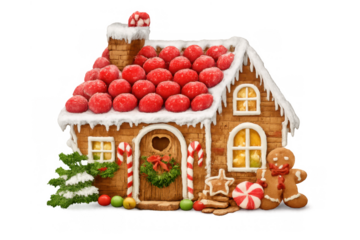 Gingerbread house celebrating christmas, decorated with candy, snow frosting, a gingerbread man, and red berries