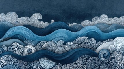 Handdrawn doodle waves in motion ocean shoreline digital artwork serene environment aerial view artistic concept