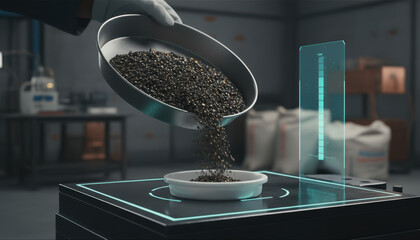 Laboratory scientist hand gold mining sample analysis pouring seed granule into dish futuristic hologram scale