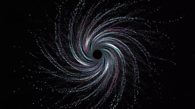 Colorful sparkling particles form a dynamic spiraling vortex tunnel
