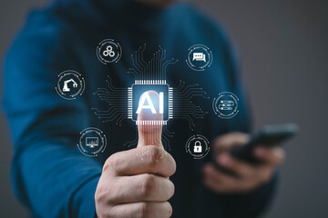 Artificial intelligence and digital transformation with human finger touching AI chip interface, representing smart technology, automation, data analytics, innovation, security, business solutions.
