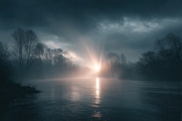 Mysterious river shrouded in glowing mist enigmatic light effects serene nature scene ethereal landscape viewpoint