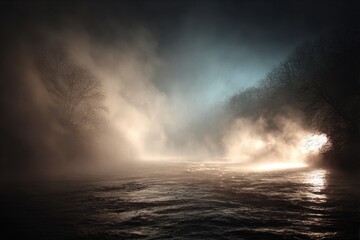 Mysterious river with glowing mist and strange light effects enchanted forest photography ethereal environment surreal viewpoint