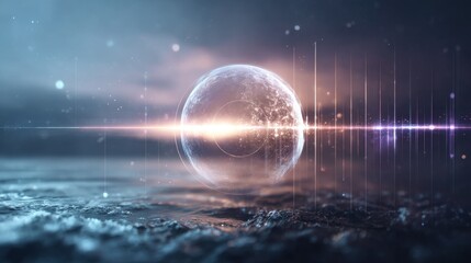 Dynamic visuals of an illuminating sphere in motion over water enigmatic environment captivating conceptual video