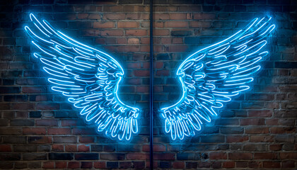 Neon angel wings sign mounted on wall, suitable for nightlife decor