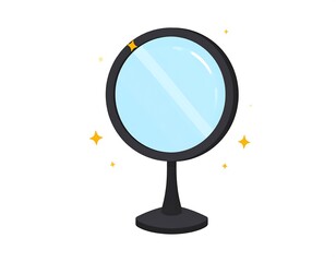 Black-framed circular mirror reflects sky blue; sparkles surround it on a white background