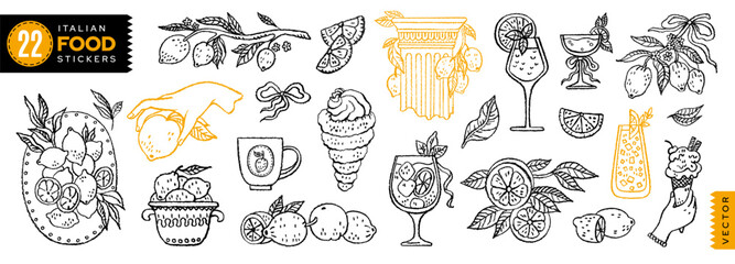 Lemon tree, cocktail, limoncello. Line Mediterranean summer hand drawn illustration. Doodle drawing. Lemons in Sicily Amalfi Italy. Mediterranean Italian kitchen vintage vector. Limoncello cocktail bg