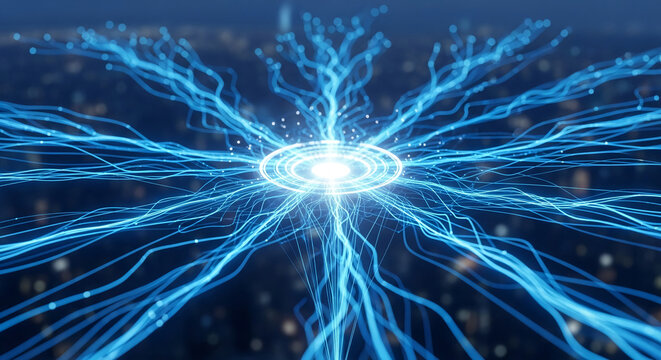 Abstract image of glowing blue lines converging at a central point, creating a network effect against a dark city backdrop, symbolizing connection, technology, or data flow