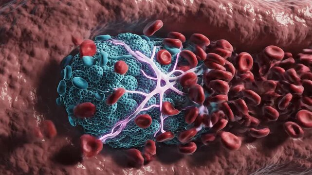 Blood Clot Thrombus Formation in Artery With Red Blood Cells 3D Illustration