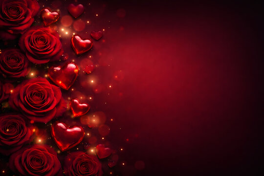 Deep red roses and glossy glass hearts with bokeh lights on a crimson textured background, Copy space. 