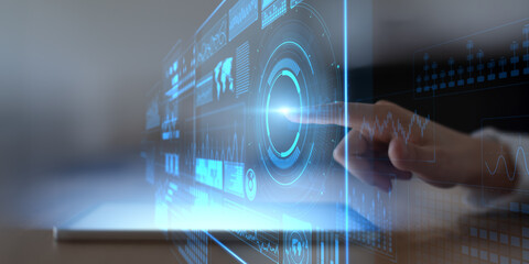 Interactive Digital Dashboard with Data Visualization Template for Business and Technology.