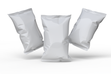 Snack white bags mockup isolated on background, Blank realistic plastic foil pouch for food branding, product presentation, package design, snack wrappers, chips, cookies, peanuts or candy packaging