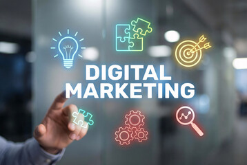 Digital marketing strategy concept. Hand completing puzzle with icons lightbulb target gear magnifying glass.