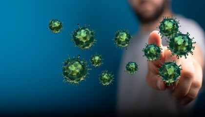Digitally rendered virus particles interacting with human finger. A concept of the global pandemic and disease