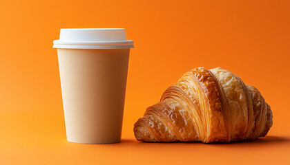 Coffee in an eco friendly paper cup an almond croissant on a light wooden and orange backdrop ideal for fast food ads with copy space
