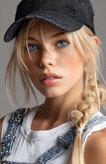 a beautiful blonde woman wearing a black hat, a white top, and a denim vest with necklaces and bracelets, posing in front of a grey polka dot background