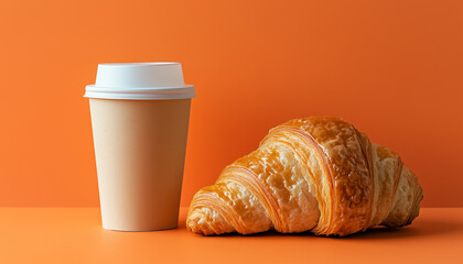 Coffee in an eco friendly paper cup an almond croissant on a light wooden and orange backdrop ideal for fast food ads with copy space