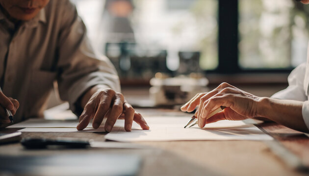 資料を指差して確認する打ち合わせの手元