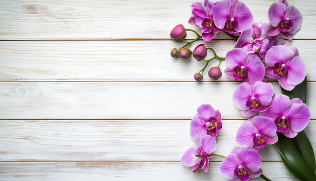 Purple vanda orchid flower on a wooden background with blank paper space for text