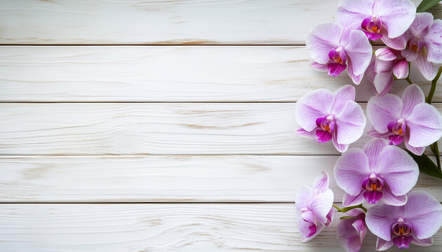 Purple vanda orchid flower on a wooden background with blank paper space for text