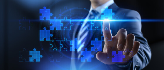 Business Strategy and Global Collaboration Concept with Digital Puzzle Integration.