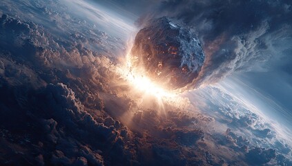 Dramatic celestial event of a massive space rock hurtling toward Earth through fluffy atmosphere