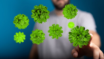 A visual representation of viruses, microbes or diseases, being touched by human finger in the world. Conceptu