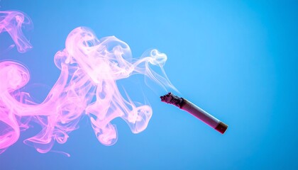 A lit cigarette producing swirling, vibrant pink smoke set against a solid blue background, creating a dramatic and visually captivating contrast representing art and fleeting moments. 