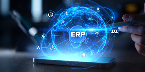 ERP System for Manufacturing, Logistics and Workforce Management Projected on Virtual Screen.