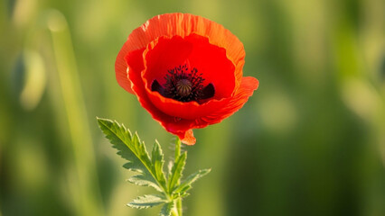 Fototapeta premium Red poppy flower in vibrant natural lighting with soft focus background for floral design
