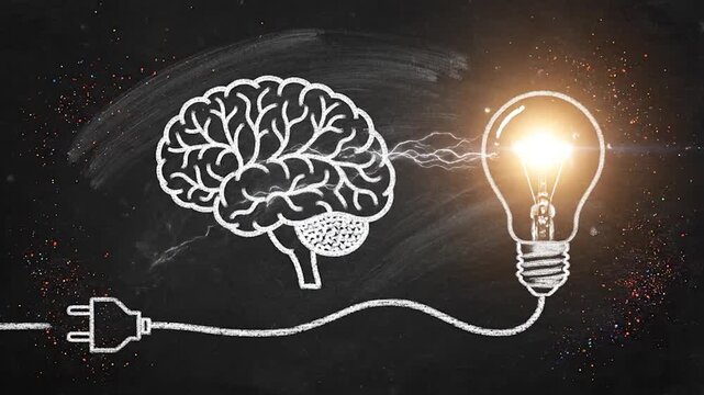 Chalkboard Illustration of Brain Connected to Glowing Lightbulb via Electric Cord, Creativity & Innovation Concept, 4K Educational Graphic