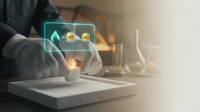 Gold mining process concept with hands holding crucible over fire for melting metal in laboratory experiment extracting and refining metal