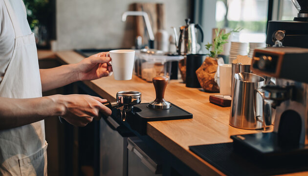 カフェカウンターでコーヒー提供を準備するバリスタの手元