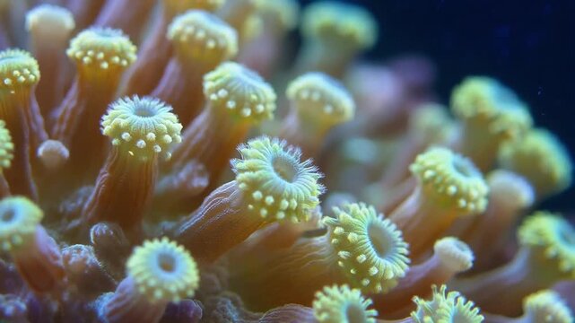 A stunning macro close-up of vibrant colonial polyps swaying gently underwater.