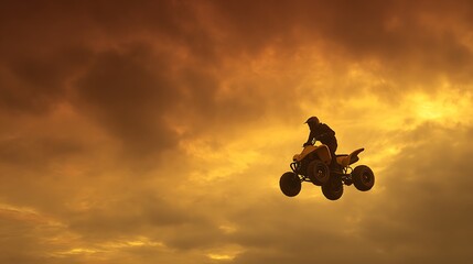 Quad Bike Rider Soars Through Dramatic Golden Sunset Clouds jumping airborne Photo
